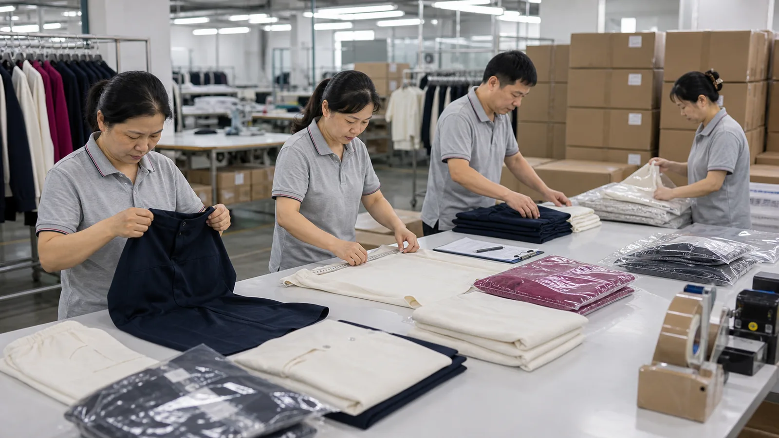 Yinshan Fashion team inspecting folded garments, presentation and packing details before release
