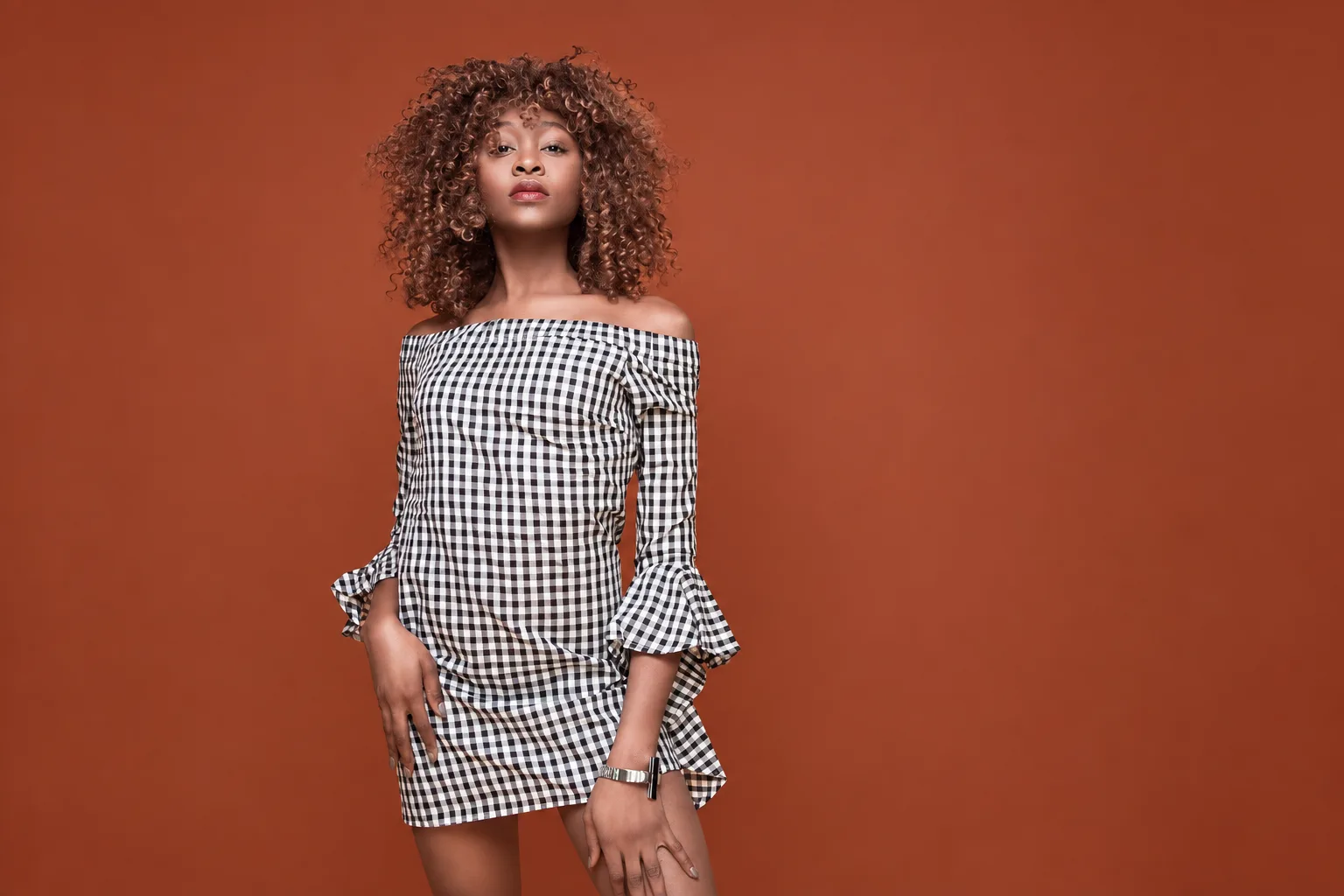 Black-and-white check dress against a rich rust background used as an earth-tone apparel color-reference image