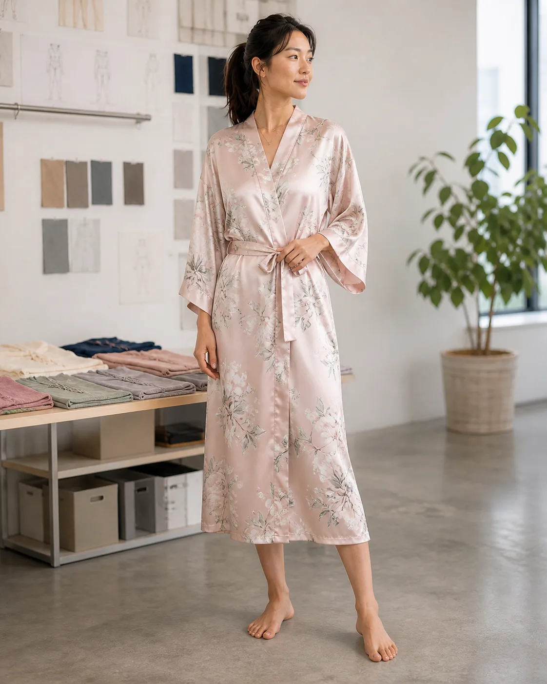 Full-length blush floral satin kimono robe for private-label sleepwear development