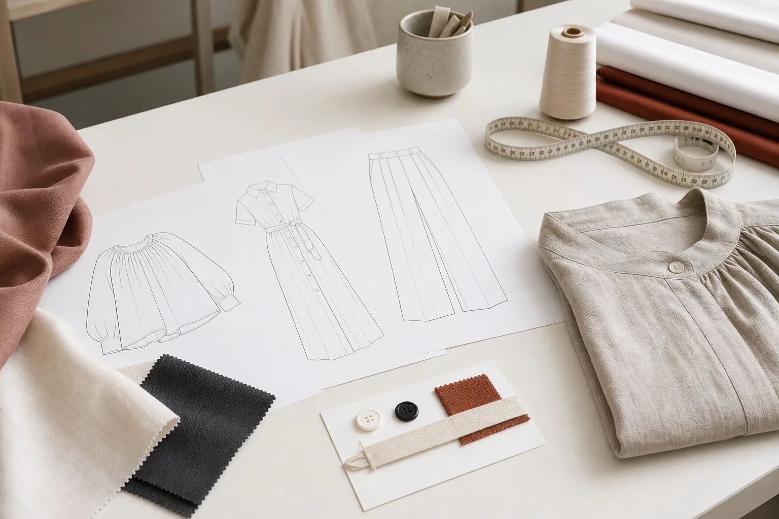 Fashion product brief with garment sketches, fabric swatches, trims, measurement tape, and a sample blouse for custom apparel development