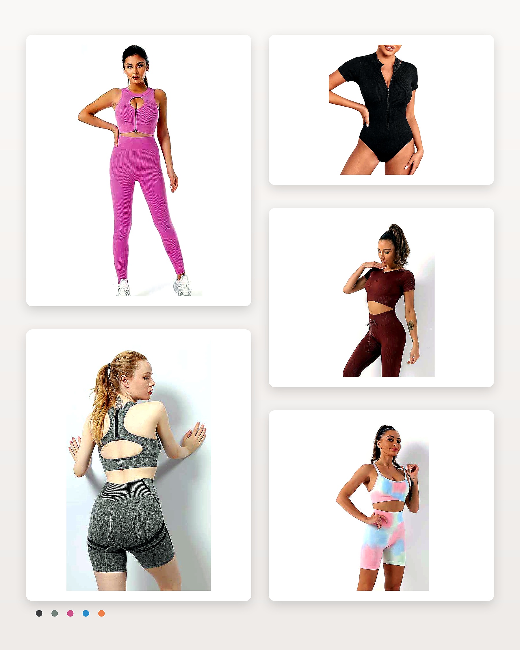 Editorial seamless activewear collage with bodysuit, sports bra sets, crop tops, shorts, and leggings