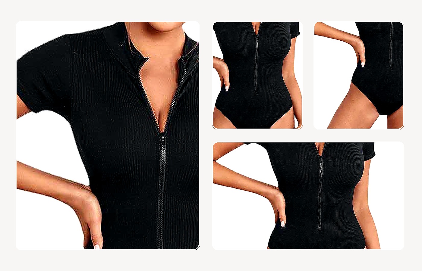 Zip Front Seamless Bodysuit wearing and construction view 1