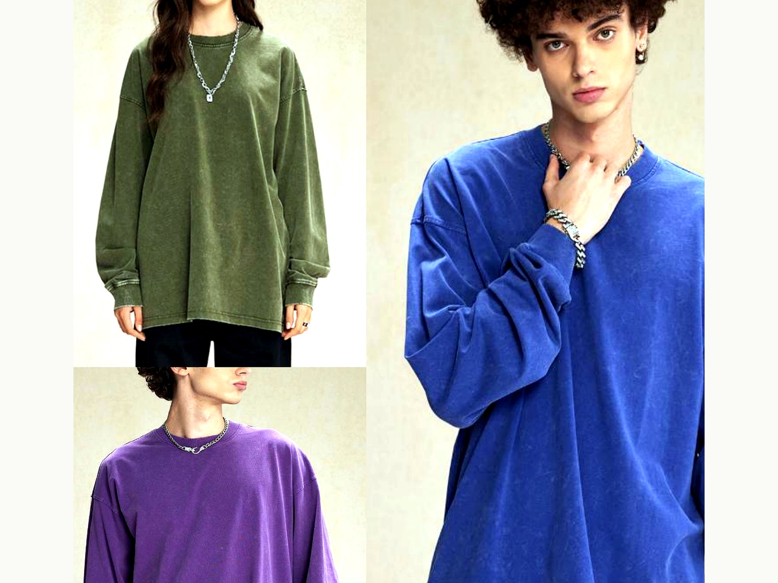 Washed Crew Pullover wearing and construction view 1
