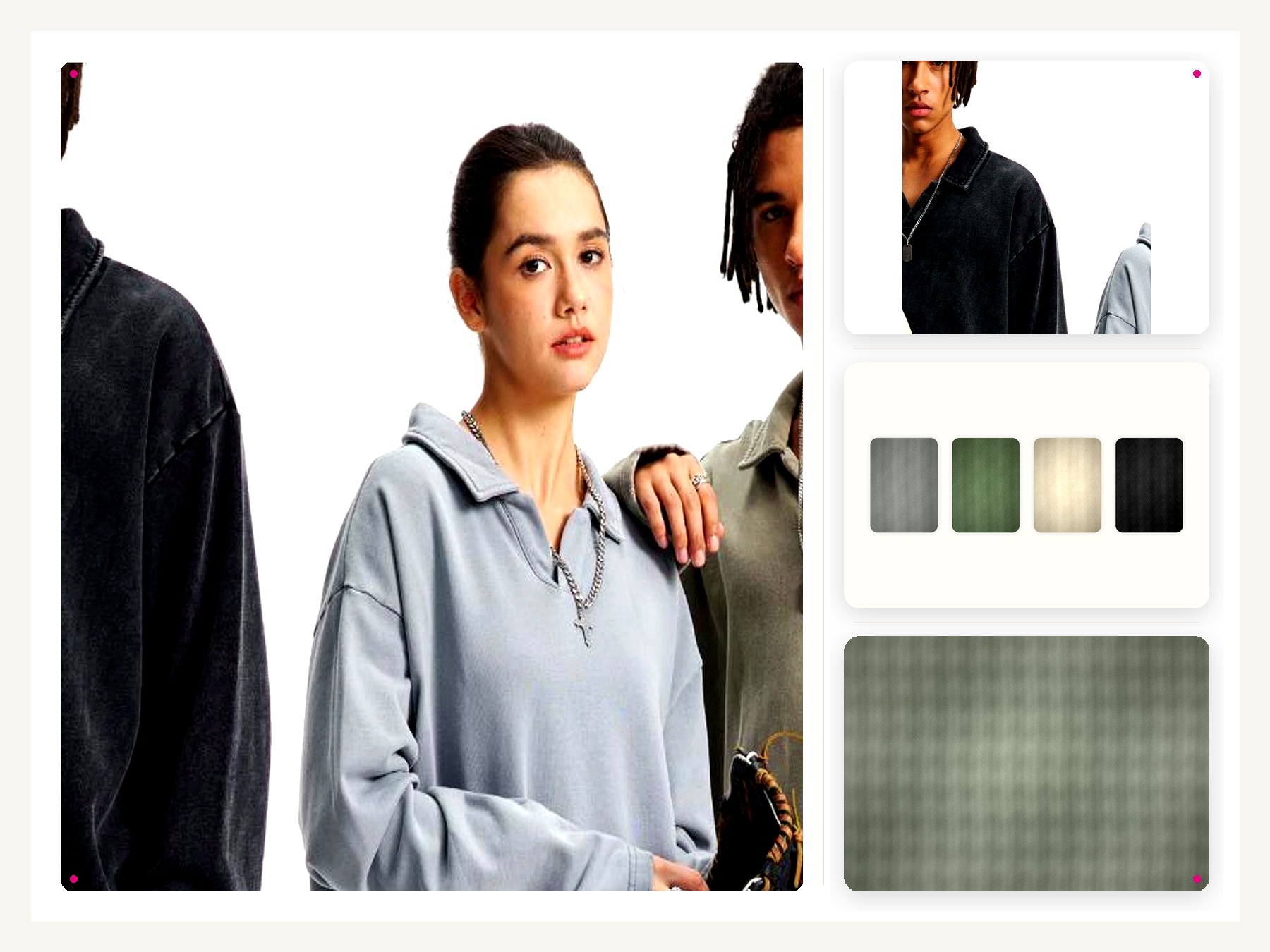Oversized streetwear hoodie program with wearing reference, construction detail, and fabric color options