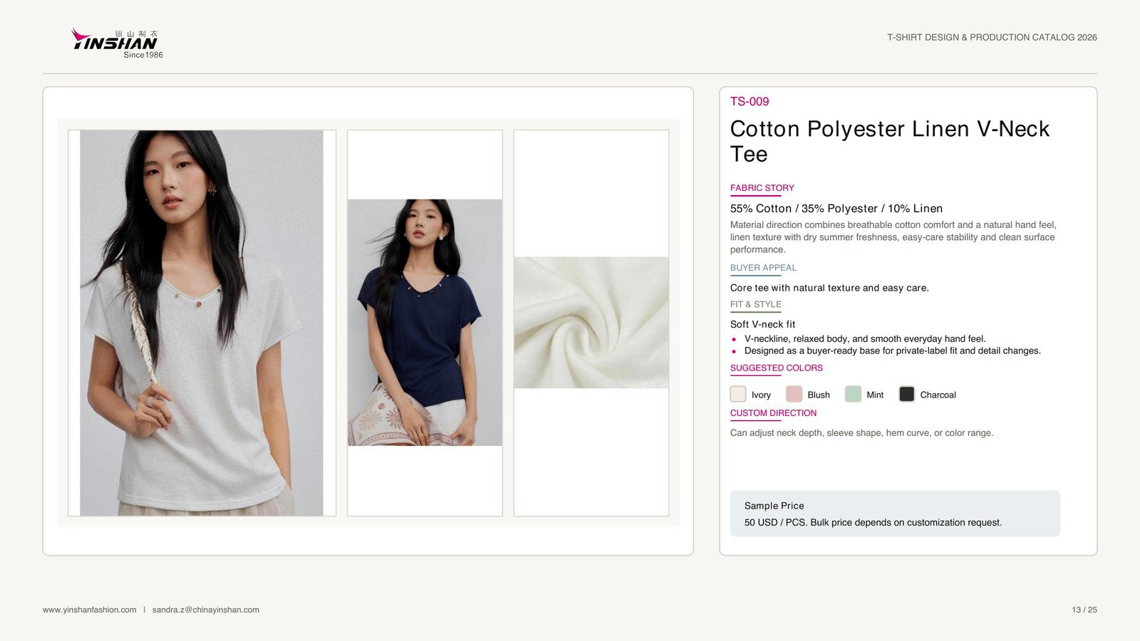 Cotton Polyester Linen V-Neck Tee main development reference