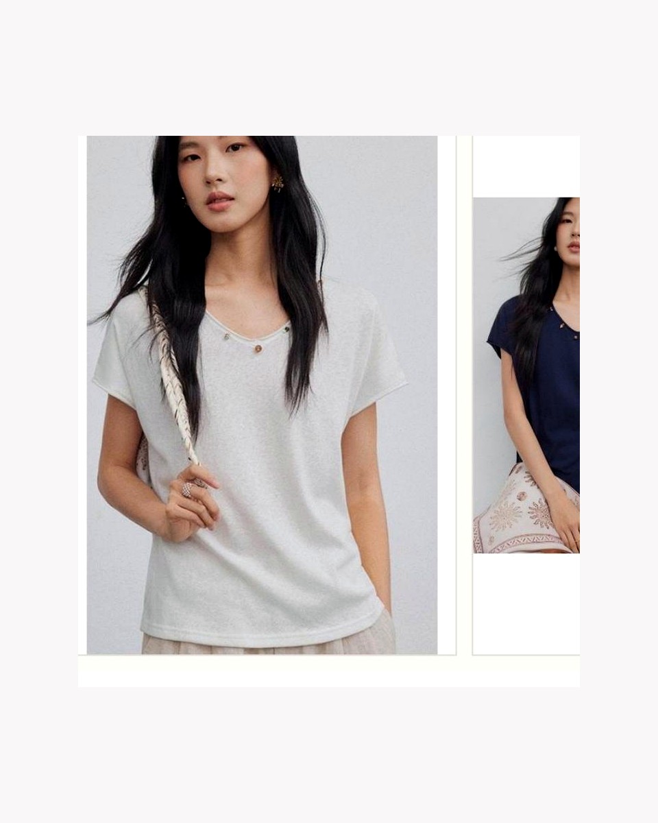Cotton Polyester Linen V-Neck Tee product reference for custom casual fashion manufacturing