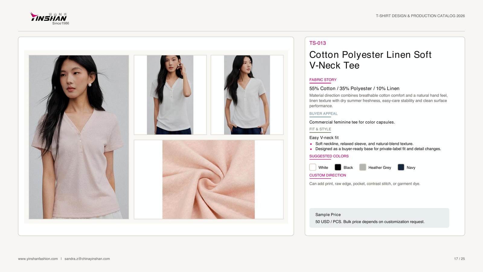 Cotton Polyester Linen Soft V-Neck Tee main development reference