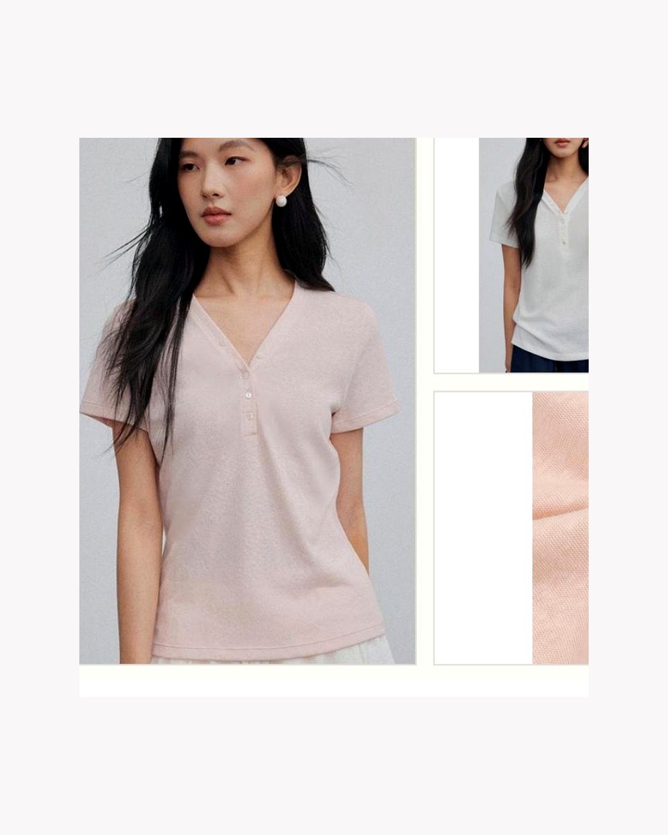 Cotton Polyester Linen Soft V-Neck Tee product reference for custom casual fashion manufacturing