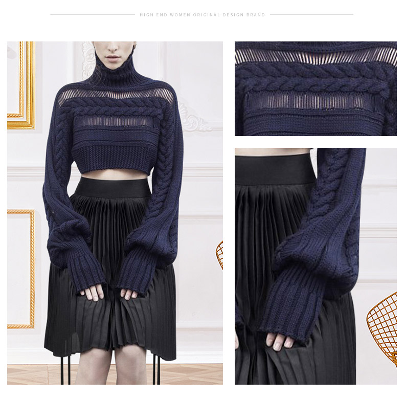 Navy cable and sheer-panel cropped knit sweater with detail images